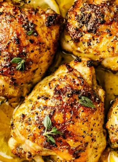 Delicious Lemon Greek Chicken garnished with herbs and lemon slices