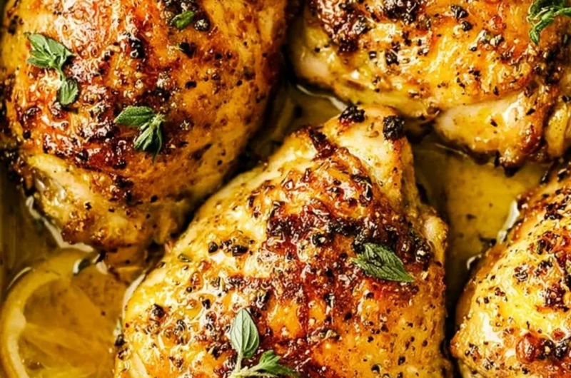 Delicious Lemon Greek Chicken garnished with herbs and lemon slices