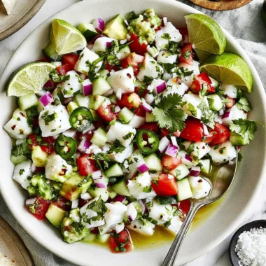 Fresh Mexican Ceviche made with seafood and lime garnished with vegetables
