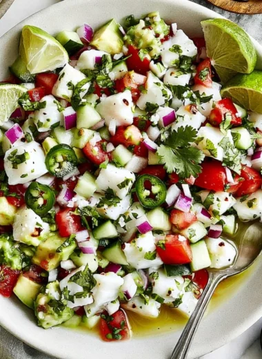 Fresh Mexican Ceviche made with seafood and lime garnished with vegetables