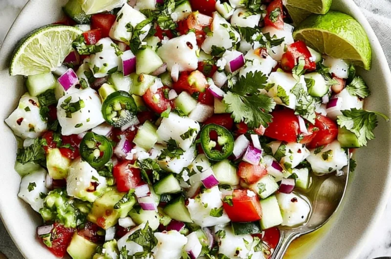 Fresh Mexican Ceviche made with seafood and lime garnished with vegetables