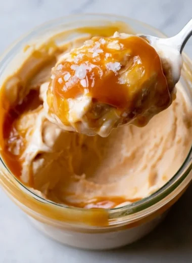 Creamy Ninja Creami Salted Caramel Protein Ice Cream in a bowl