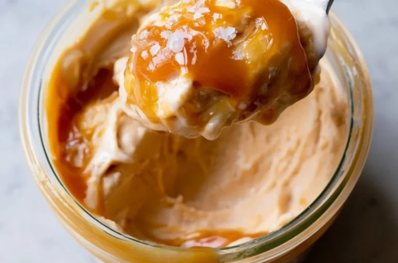 Creamy Ninja Creami Salted Caramel Protein Ice Cream in a bowl