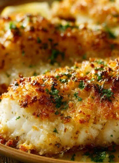 Parmesan Crusted Tilapia served with lemon and herbs on a plate