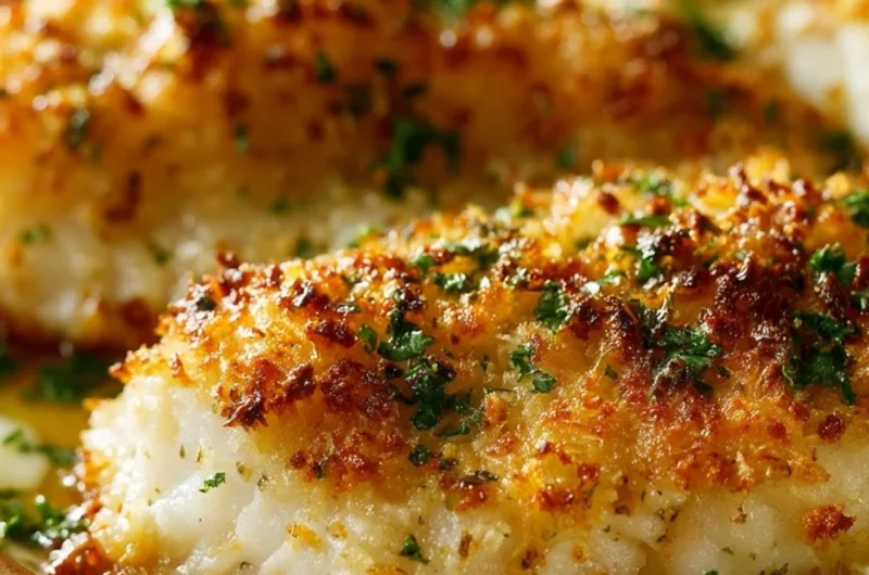 Parmesan Crusted Tilapia served with lemon and herbs on a plate