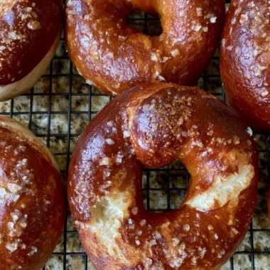 Homemade pretzel sourdough high-protein bagels with a golden crust