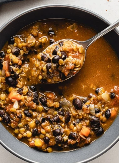 Delicious and nutritious protein-packed black bean and lentil soup in a bowl