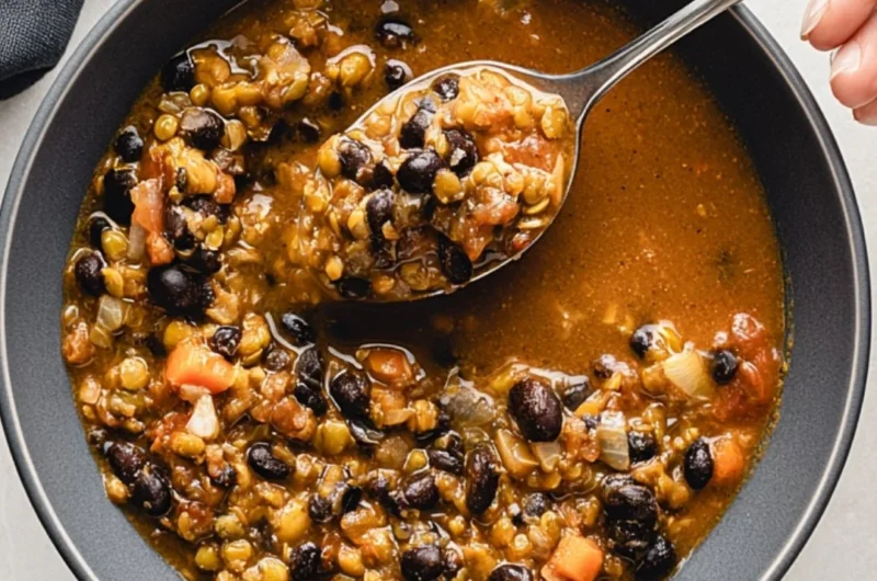 Delicious and nutritious protein-packed black bean and lentil soup in a bowl