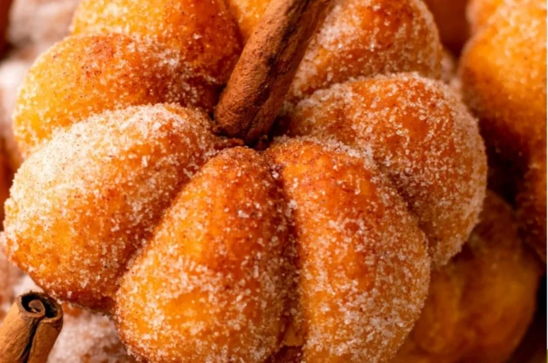 Freshly baked pumpkin donuts with colorful toppings