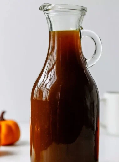 Bottle of pumpkin spice syrup for tea and coffee drinks