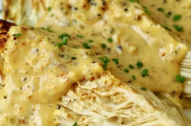 Roasted cabbage wedges served with onion-Dijon sauce on a plate