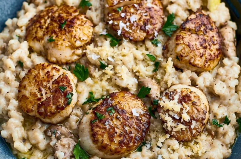 Delicious scallops served with creamy risotto on a plate