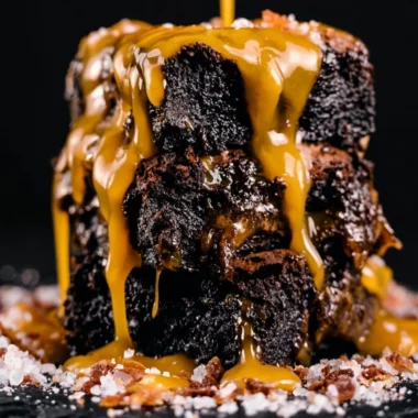 Decadent smoked brownies topped with a drizzle of chocolate sauce