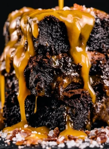Decadent smoked brownies topped with a drizzle of chocolate sauce