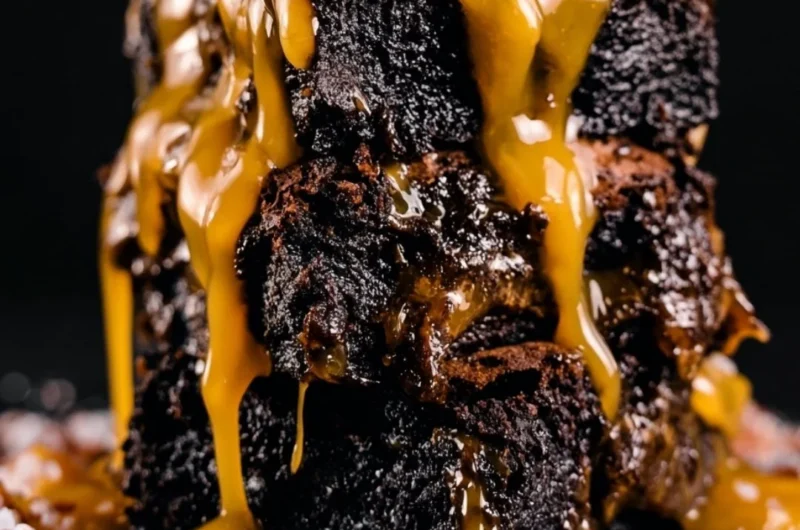 Decadent smoked brownies topped with a drizzle of chocolate sauce
