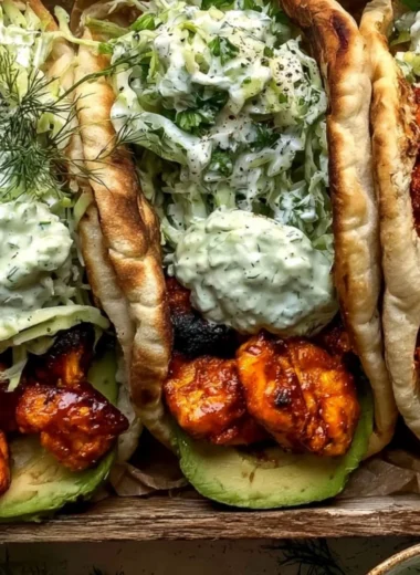 Sheet Pan Chicken Pitas with Herby Ranch on a wooden table
