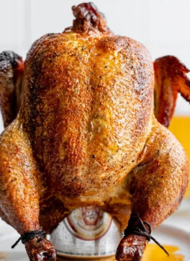 Delicious smoked beer can chicken on a grill, showcasing crispy skin and juicy meat.