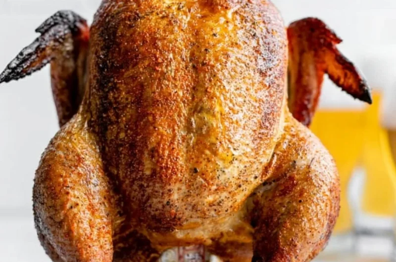 Delicious smoked beer can chicken on a grill, showcasing crispy skin and juicy meat.
