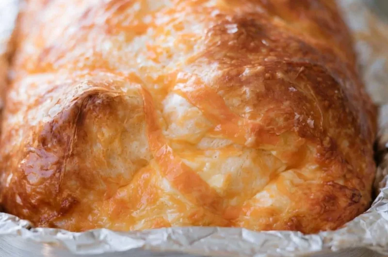 Freshly baked sourdough cheese bread with a golden crust and gooey cheese inside.
