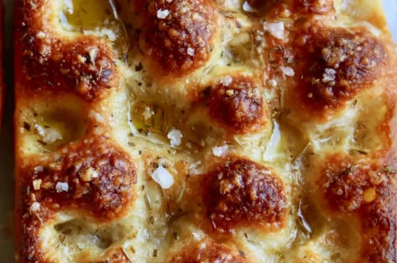 Freshly baked sourdough discard focaccia with herbs and olive oil