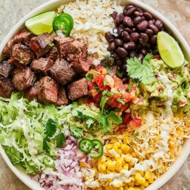Delicious Steak Burrito Bowls with fresh ingredients and vibrant colors