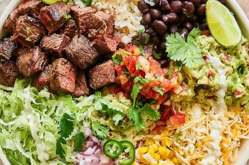 Delicious Steak Burrito Bowls with fresh ingredients and vibrant colors