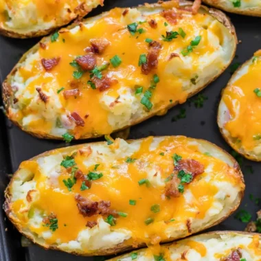 Delicious Twice-Baked Potatoes topped with cheese and herbs