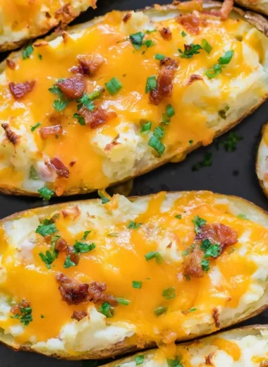 Delicious Twice-Baked Potatoes topped with cheese and herbs
