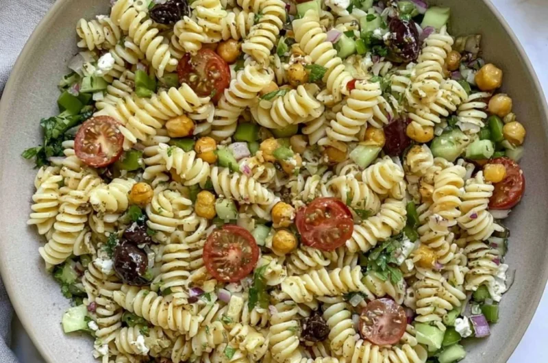 Vegan Greek Pasta Salad with fresh vegetables and olives in a bowl