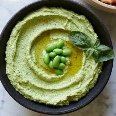 Healthy edamame hummus with no tahini served with pita and veggies