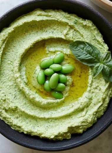 Healthy edamame hummus with no tahini served with pita and veggies