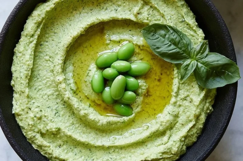 Healthy edamame hummus with no tahini served with pita and veggies