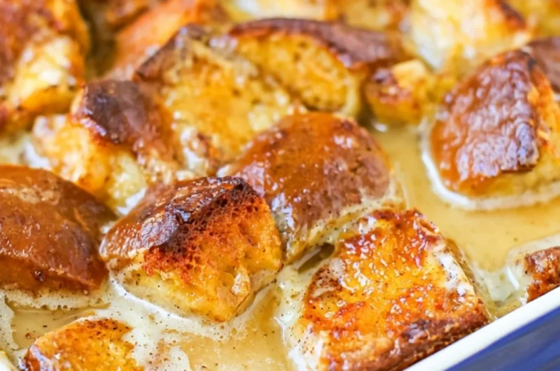Delicious homemade bread pudding served in a bowl with a drizzle of sauce