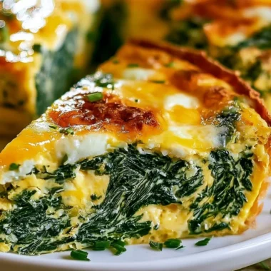 Crustless Spinach Quiche served on a plate with fresh spinach leaves
