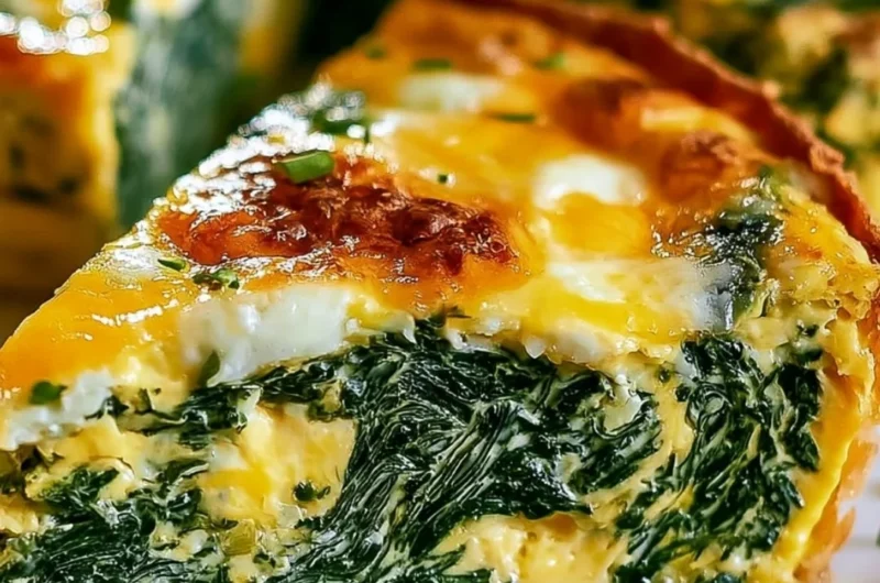 Crustless Spinach Quiche served on a plate with fresh spinach leaves