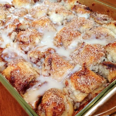 Delicious easy cinnamon roll casserole served in a dish