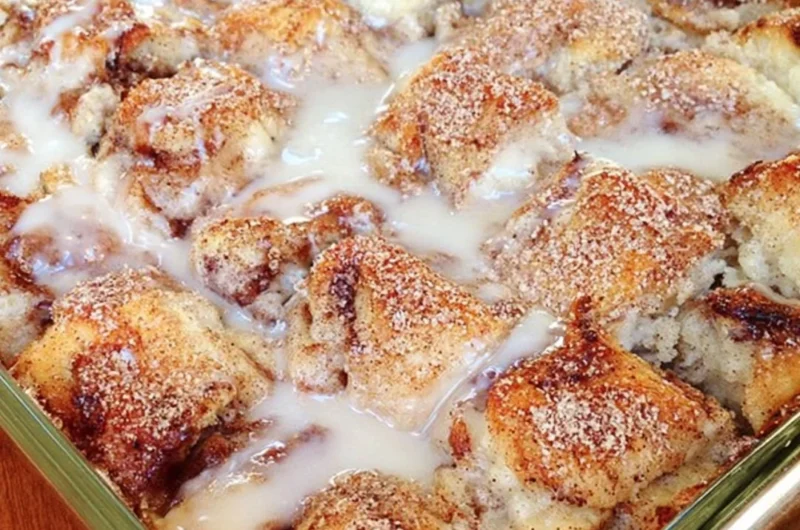 Delicious easy cinnamon roll casserole served in a dish