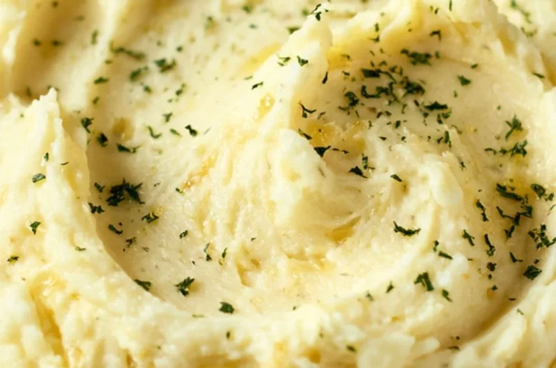 Delicious garlic mashed potatoes served in a bowl with a garnish.