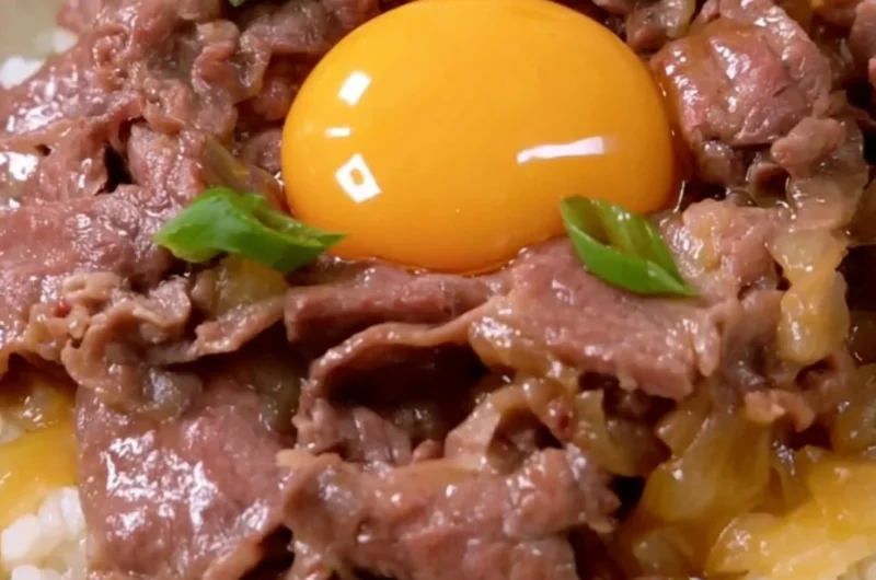 Delicious Gyudon, a Japanese beef bowl with tender meat over rice