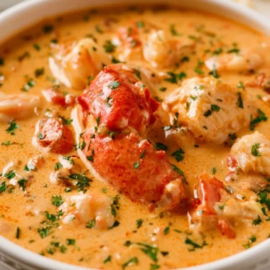 A delicious bowl of creamy Seafood Bisque topped with fresh herbs.