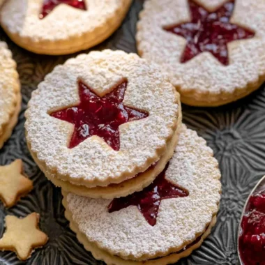 Shortbread Linzer cookies topped with raspberry jam on a plate